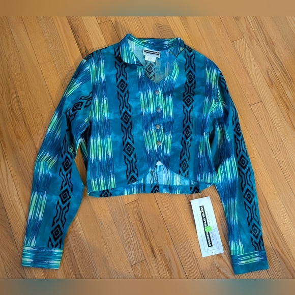 Blue and Green Western Patterned Button-Up Shirt - Picture 1 of 6